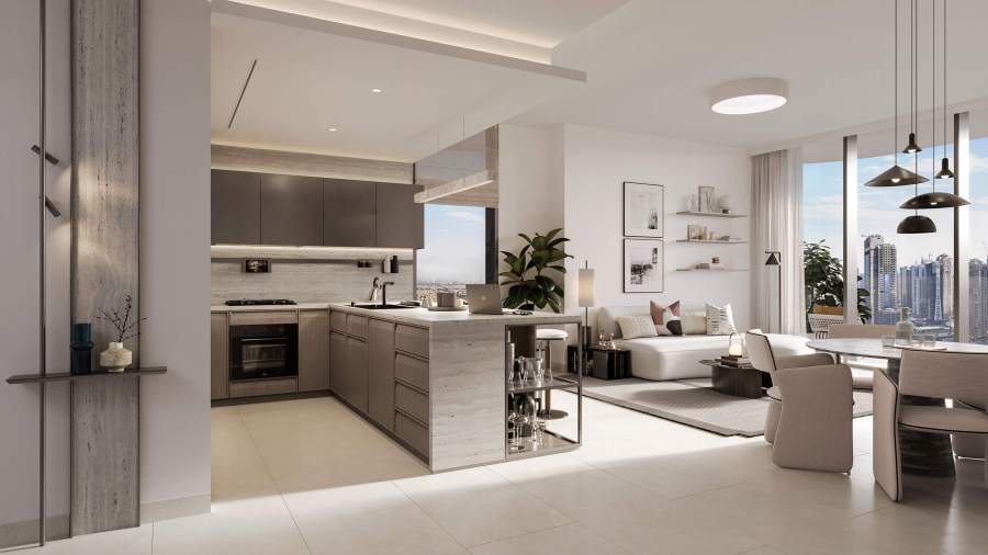 Eltiera Heights by Ellington — living and dining room render with lake views