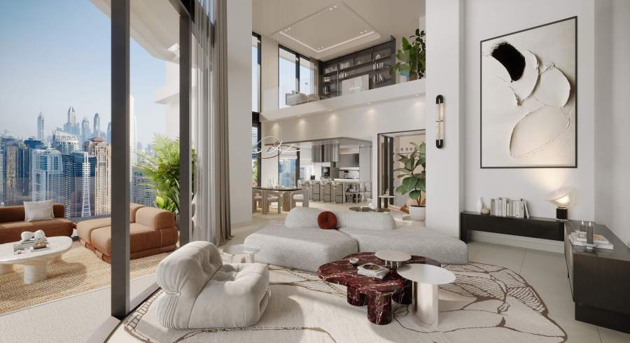 Eltiera Heights by Ellington — penthouse interior render looking over the lakes at Jumeirah Islands